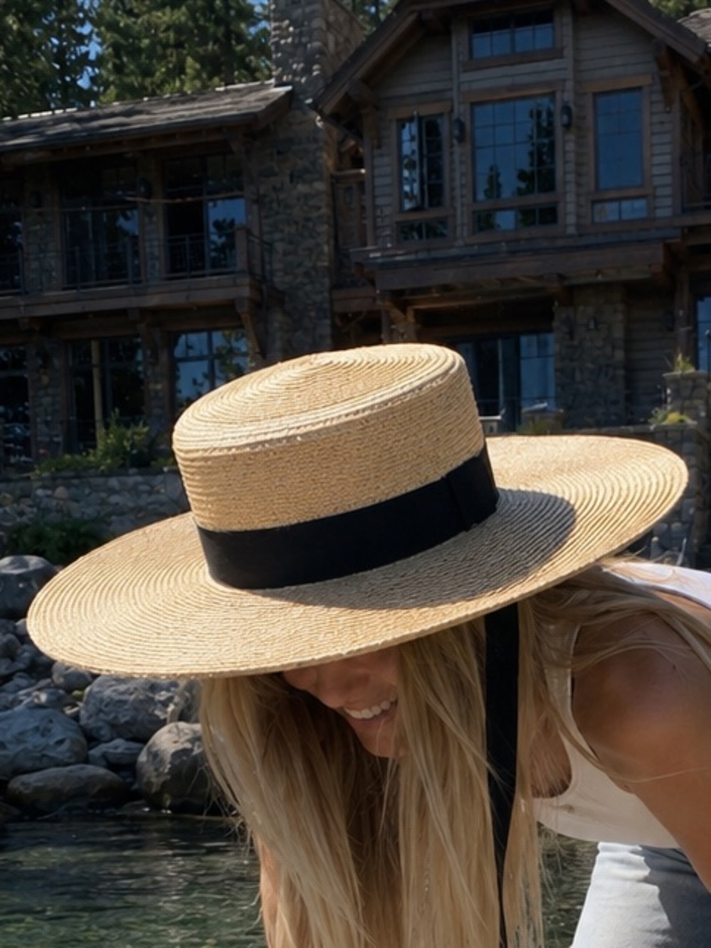 Straw Wide-Brim Sun Hat with Black Ribbon Ties
